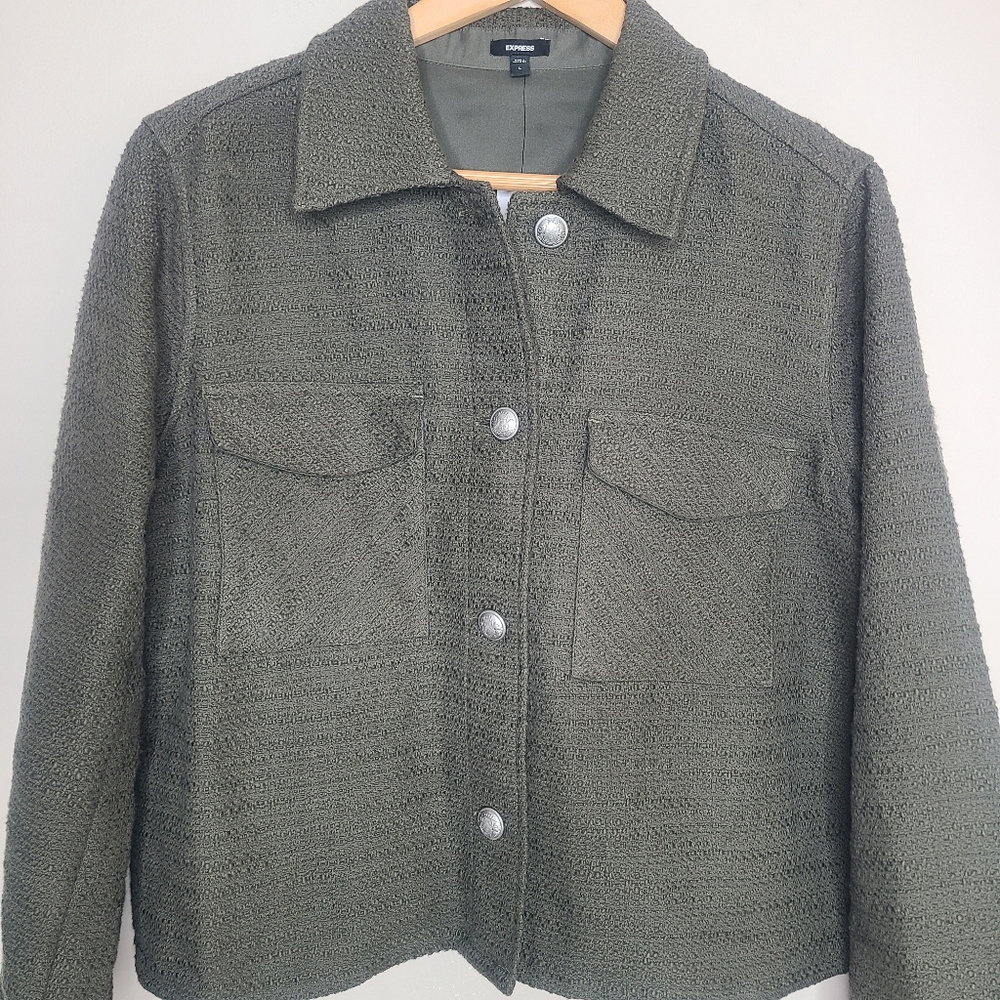 Express Boucle Tweed Button Cropped Shacket Jacket Olive Green Size Large - Picture 4 of 7